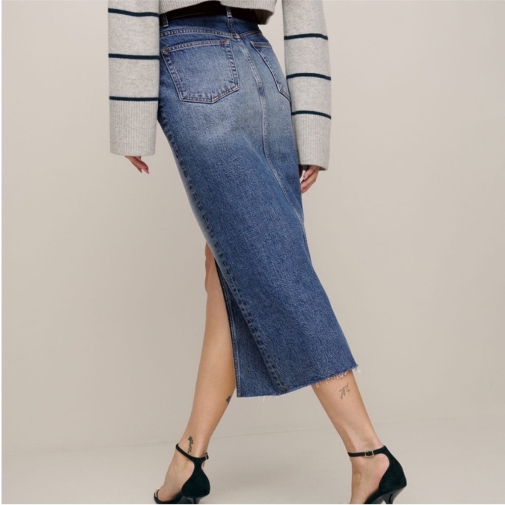 Reformation Jagger Denim Midi Skirt Raw Hem Size 25